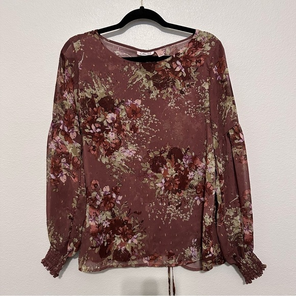 Buckle willow & root Metallic Floral Print Top L large sheer wine cinch back - Picture 1 of 3